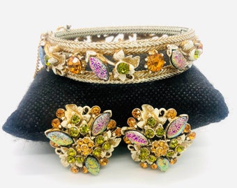 FLORENZA Lava Rock Rhinestone Bracelet Earrings Demi Enameled Vintage Designer Jewelry