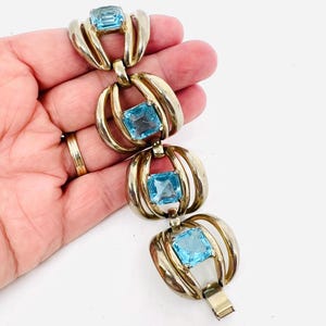 Chunky Retro Era Silver Tone Blue Topaz Rhinestone Bracelet Vintage Designer Jewelry