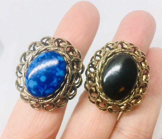 Lot 2 Costume RINGS  Large Faux Lapis & Onyx Fili… - image 1