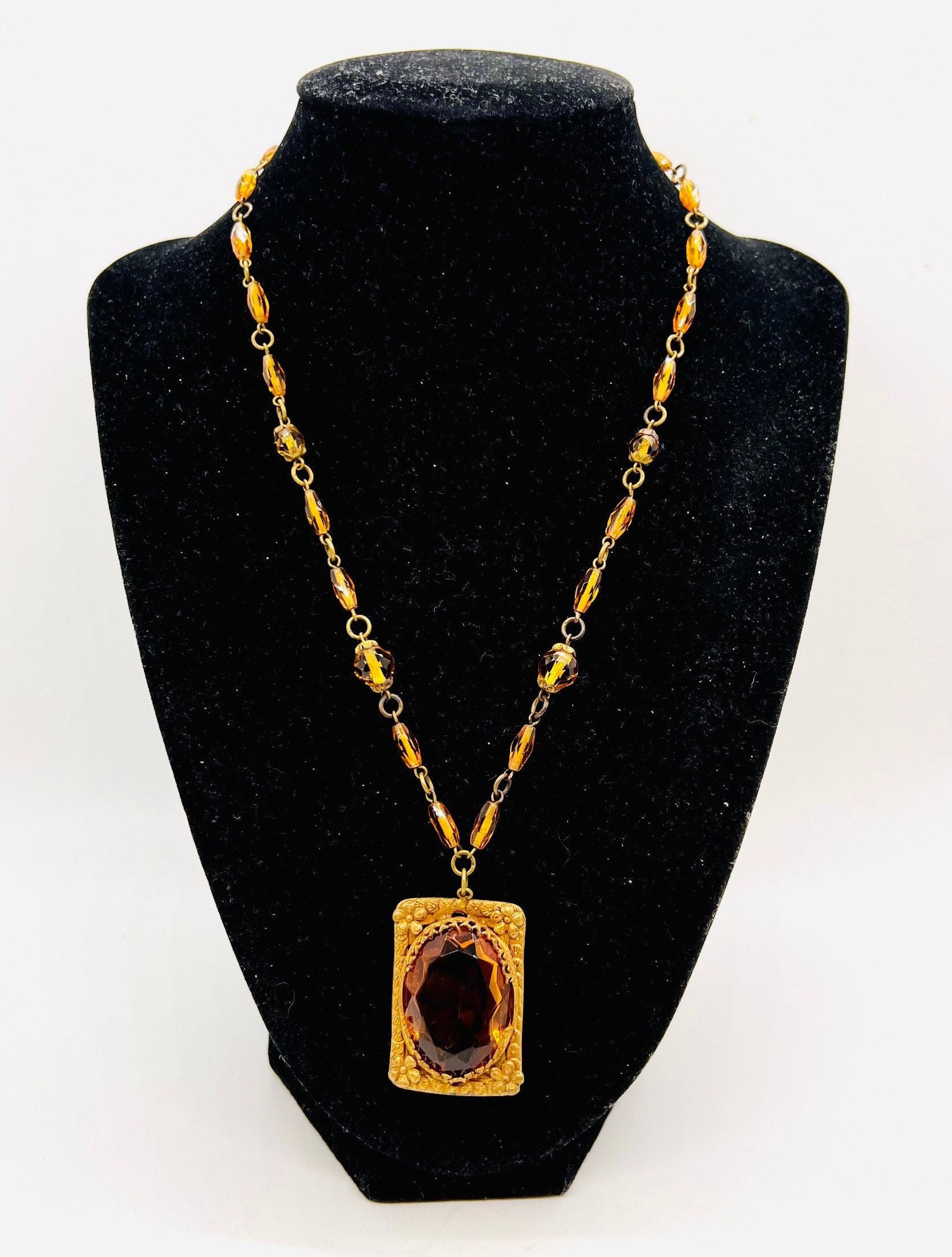 Art Deco Faceted Amber Glass Gilt Filigree Necklace Antique Art Deco Faceted Amber Glass Gilt Filigree Necklace Antique