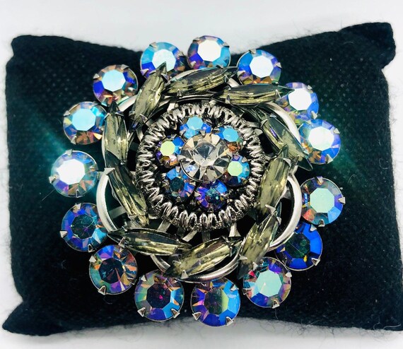 Beautiful Smoky Topaz & Blue AB Rhinestone Brooch… - image 3