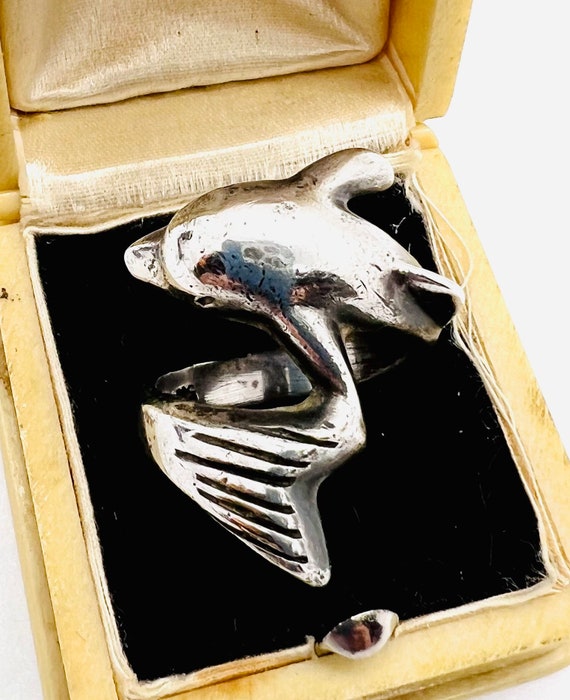 Large Taxco Mexico Sterling Silver Dolphin Ring 1… - image 3