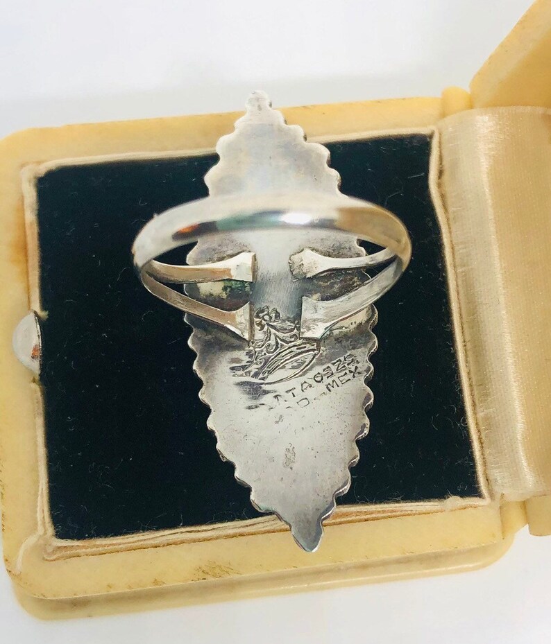 Large Sterling Silver Mexico Onyx Ring Ornate Crown Mark Sz 6.5 Vintage Jewelry