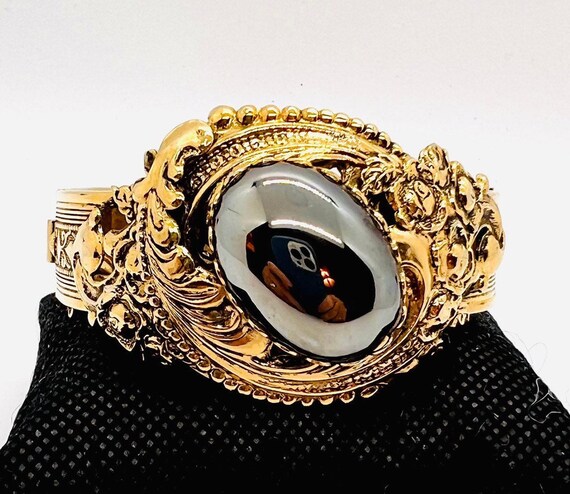 Wide Ornate WHITING & DAVIS Hematite Cabochon Ban… - image 3