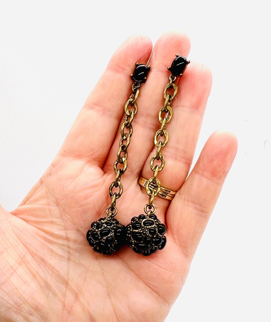 Long Black Glass Ball & Chain Drop Dangle Earrings Posts 3 1/2 Vintage Designer Jewelry Etsy