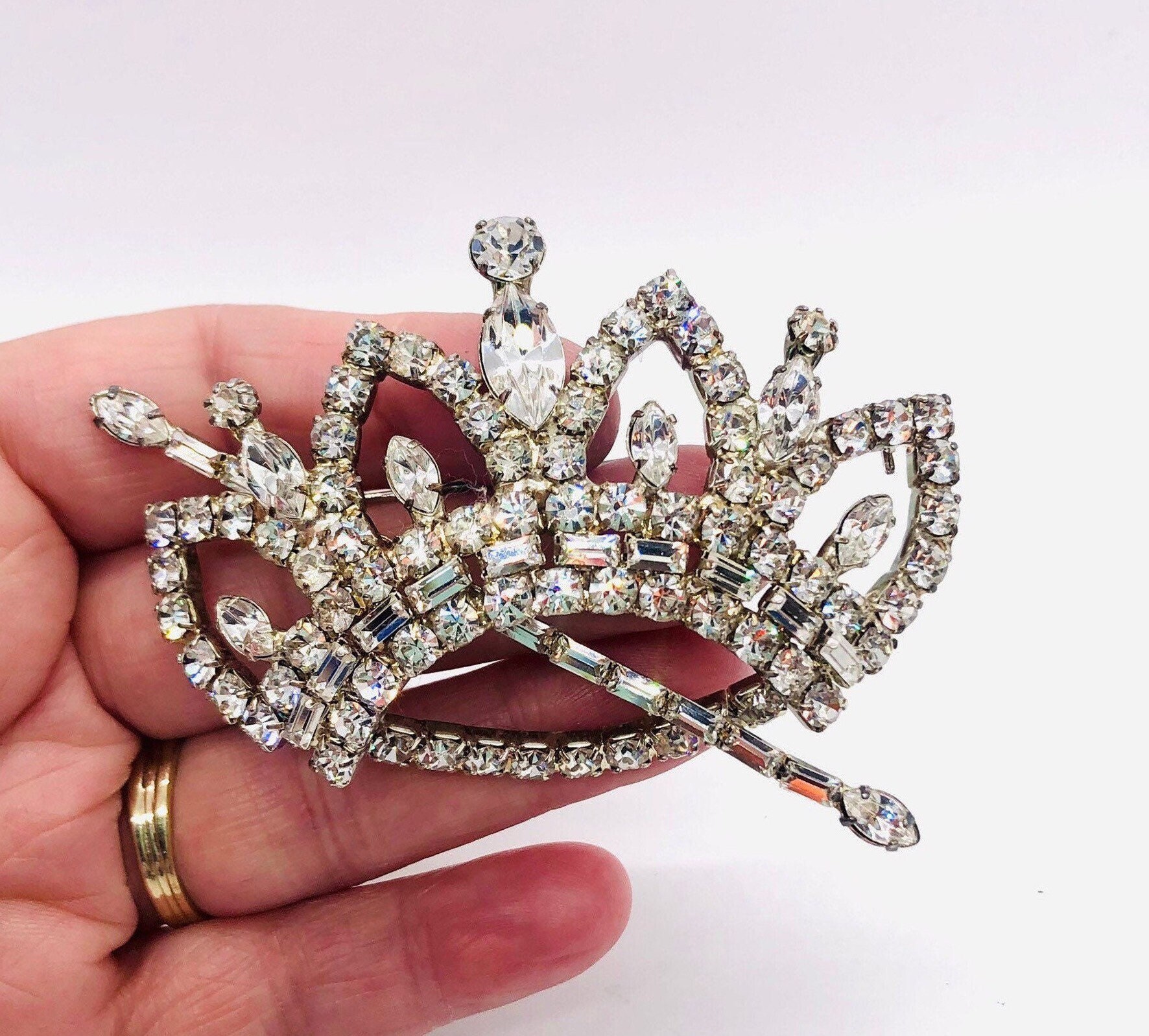 Vintage Yellow Rhinestone Crown Shape Brooch Costume Jewelry
