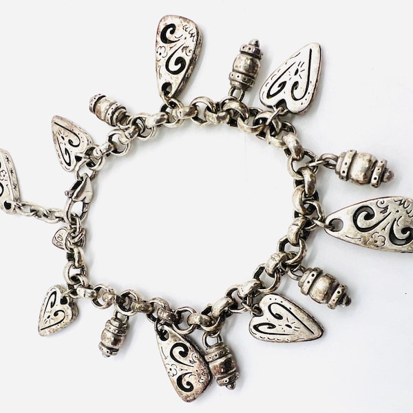 Brighton Brazilian Dangling Heart Charms Bracelet Silver Plated Signed Vintage Designer Jewelry