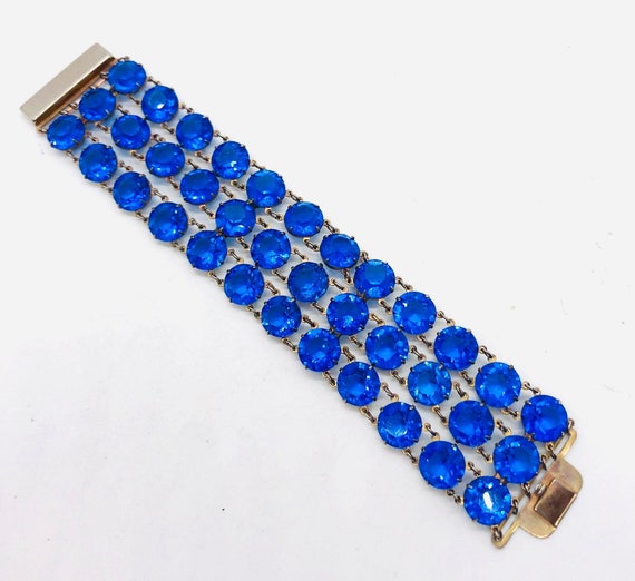 Art Deco Wide Royal Blue Rhinestone Glass Bracele… - image 8