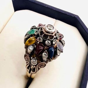 18k Solid Gold Multi Gemstone Thai Princess Harem Ring 1959 Sz 6 Fine Vintage Jewelry