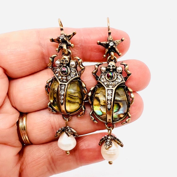 Long Scarab Abalone Genuine Pearl Drop Dangle Earrings Vintage Designer Jewelry Etsy