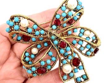 Huge KJL Kenneth Jay Lane 3D Faux Turquoise Bow Brooch Signed Vintage Designer Jewelry