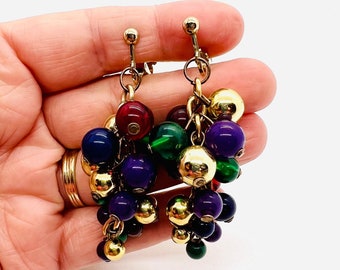 Long Lucite Jewel Tone Beaded Drop Dangle Earrings Gold Tone Vintage Jewelry