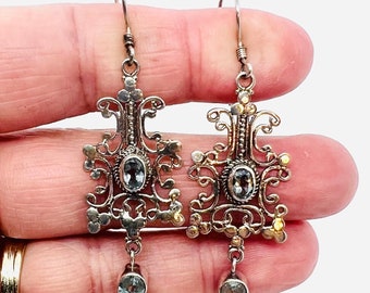 Long Sterling Silver Ornate Filigree Blue Topaz Drop Dangle Earrings 5.6gm Fine Vintage Jewelry