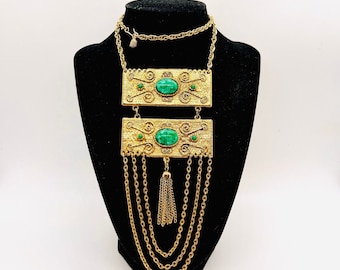 Long Mottled Green Cabochon Mogul Swag & Tassel Necklace Vintage Designer Jewelry
