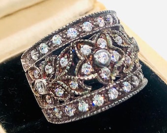 Wide Sterling Silver & Clear Cubic Zirconia Ring 7.15gm Sz 5
