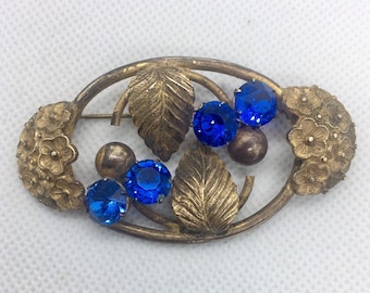 Gilt Floral Stamped Brooch Blue Rhinestones Art Deco Vintage Jewelry