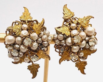 Large DeMario Hand Wired Faux Pearl & Rhinestone Earrings Signed Vintage Designer Jewelry