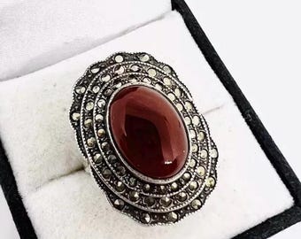 Art Deco Sterling Silver Carnelian Marcasite Ring - Size 6.25
