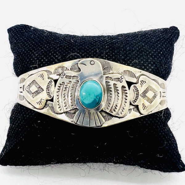 Fred Harvey Era Two Tone Blue TURQUOISE Sterling Silver THUNDEBIRD Bracelet Native Gemstone American Fine Vintage Jewelry