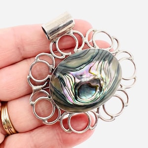 Enormous Sterling Silver Mexico Abalone Pendant 28gm Signed Fine Vintage Jewelry