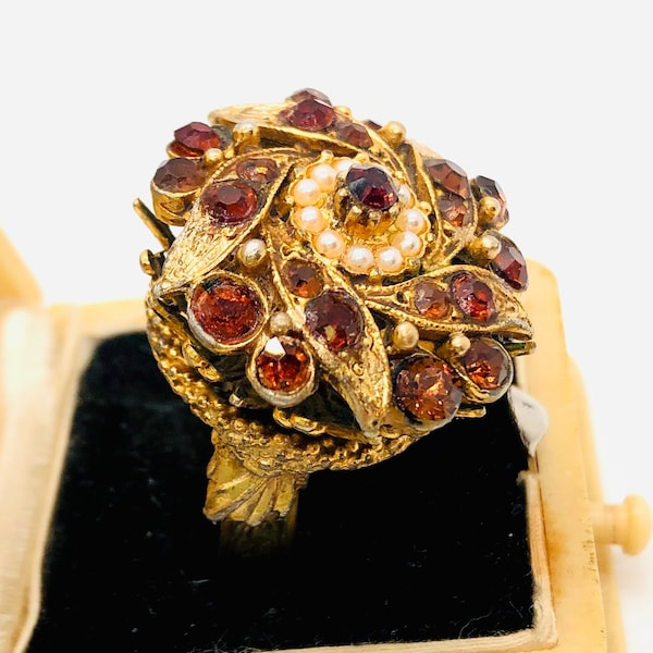 FLORENZA Large Topaz Rhinestone Crown Ring Faux Pearls Signed Vintage Designer Jewelry