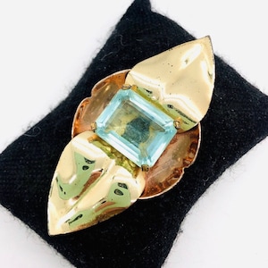Large Sterling Silver Vermeil Aquamarine Glass Brooch 24gm Retro Era Fine Vintage Designer Jewelry
