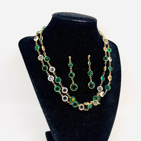 MONET Green Bezel Set Crystal Necklace Earrings D… - image 4