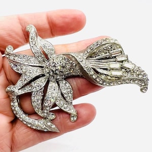 Large Art Deco Pave Set Clear Rhinestone Flower Brooch 3 1/4 in. Vintage Antique Jewelry