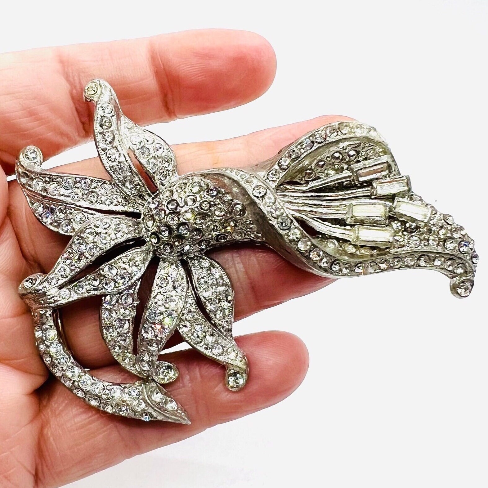 Large Art Deco Pave Set Clear Rhinestone Flower Brooch 3 1/4