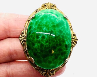 Vintage Czech Peking Glass Brooch: Antiqued Gold Plated Jewelry