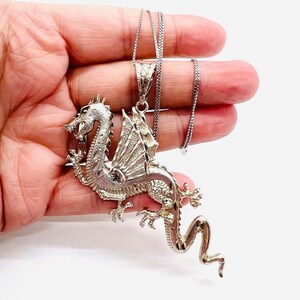 Large Sterling Silver Dragon Necklace Detailed Box Chain 18gm Fine Vintage Jewelry