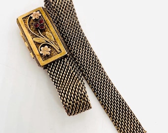 Unusual Victorian Gold Filled Flower Mesh Bracelet Adjustable Fine Vintage Antique Jewelry