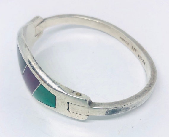 Wide Sterling Silver Taxco Mexico Inlay Bracelet … - image 7