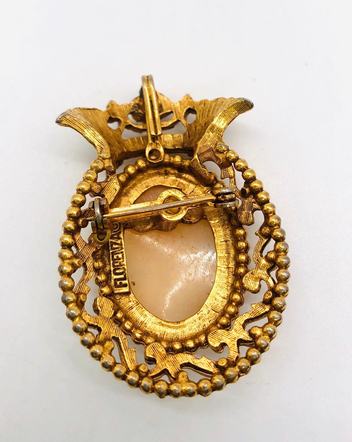 FLORENZA Carved Shell Cameo Brooch Ornate Scroll Setting