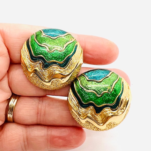 Large ORENA PARIS Green Enamel Modernist Earrings Signed Vintage Designer Jewelry