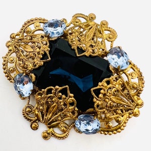 WEST GERMANY Sapphire Blue Glass & Rhinestone Brooch Vintage Jewelry