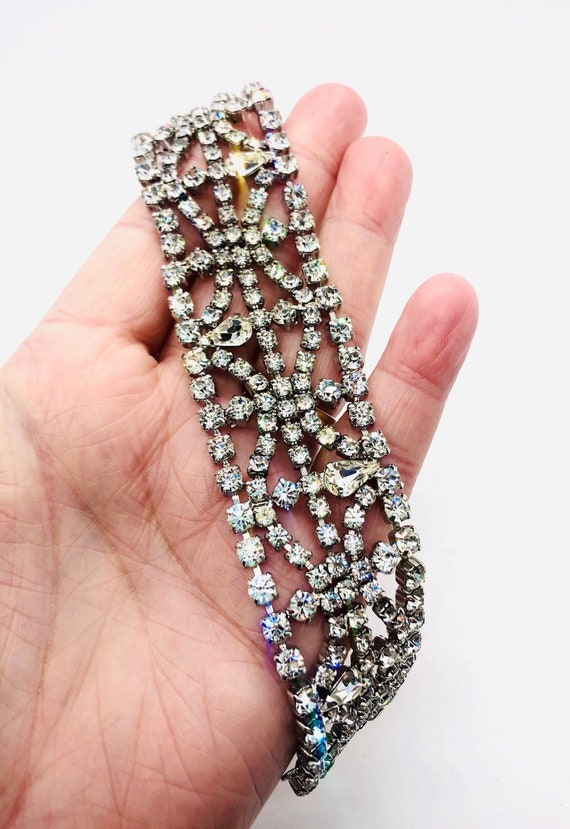 Wide Sparkling Clear Rhinestone Bracelet Lacy Des… - image 4