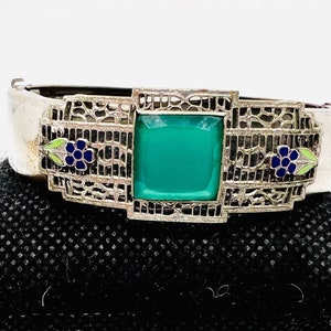 Wide Art Deco Chrysoprase Glass Enamel Filigree Bangle Bracelet Vintage Antique Jewelry
