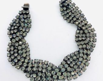 Wide Clear Rhinestone Bracelet Woven Overlapping Design Japanned Vintage Designer Jewelry