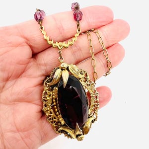 Ornate Faceted Purple Amethyst Glass Lavalier Necklace Vintage Jewelry