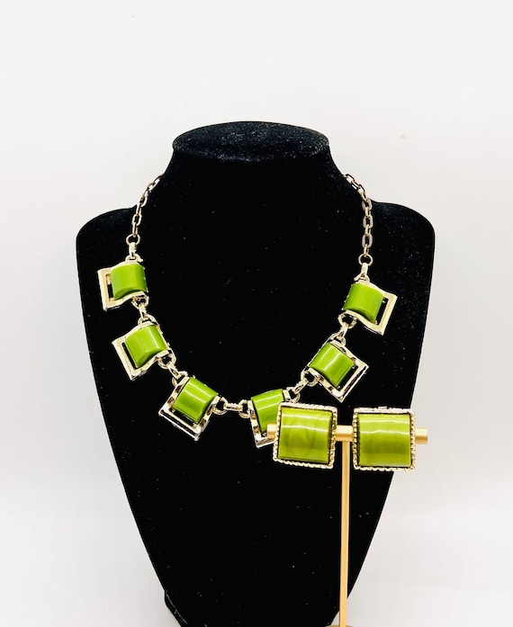 Avocado Green Thermoset Lucite Necklace & Earrings