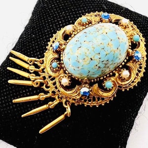 FLORENZA Czech Hubbell Glass Rhinestone & Dangles Brooch Signed Vintage Designer Jewelry