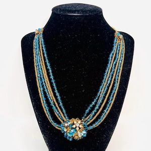 Miriam HASKELL Multi Strand Blue Glass Cluster Beaded Necklace Vintage Designer Jewelry