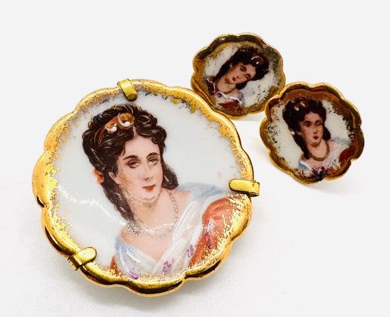 Limoges France Hand Painted Brooch & Earrings Dem… - image 3