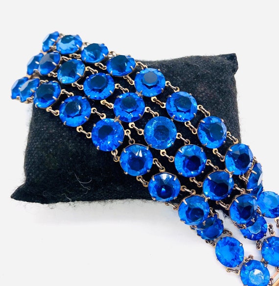 Art Deco Wide Royal Blue Rhinestone Glass Bracele… - image 3