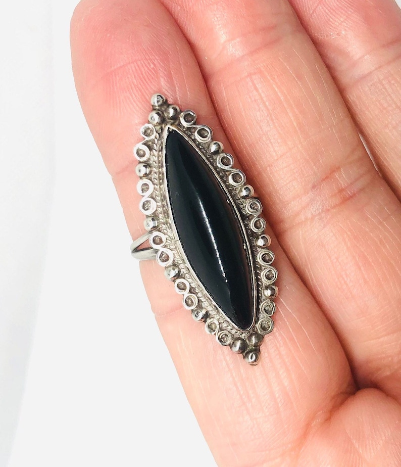Large Sterling Silver Mexico Onyx Ring Ornate Crown Mark Sz 6.5 Vintage Jewelry