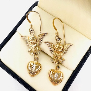 Sterling Silver Gold Vermeil Cherub Angel Drop Dangle Earrings Fine Vintage Jewelry