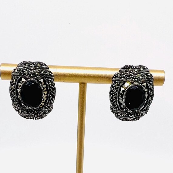 Vintage Judith Jack Sterling Silver Onyx Marcasite Earrings
