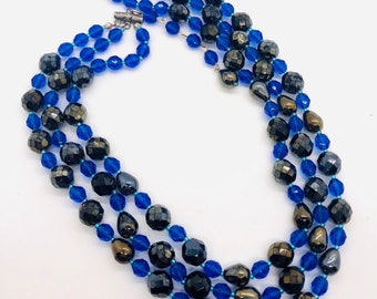 Triple Strand Chunky Cobalt Blue Faceted Crystal Necklace Vintage Designer Jewelry
