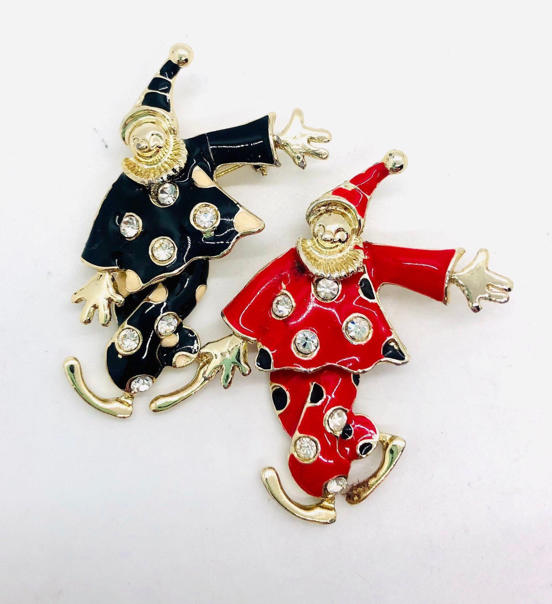 Lot 2 Enameled Pierrot Clown Brooches Articulated Moving Legs